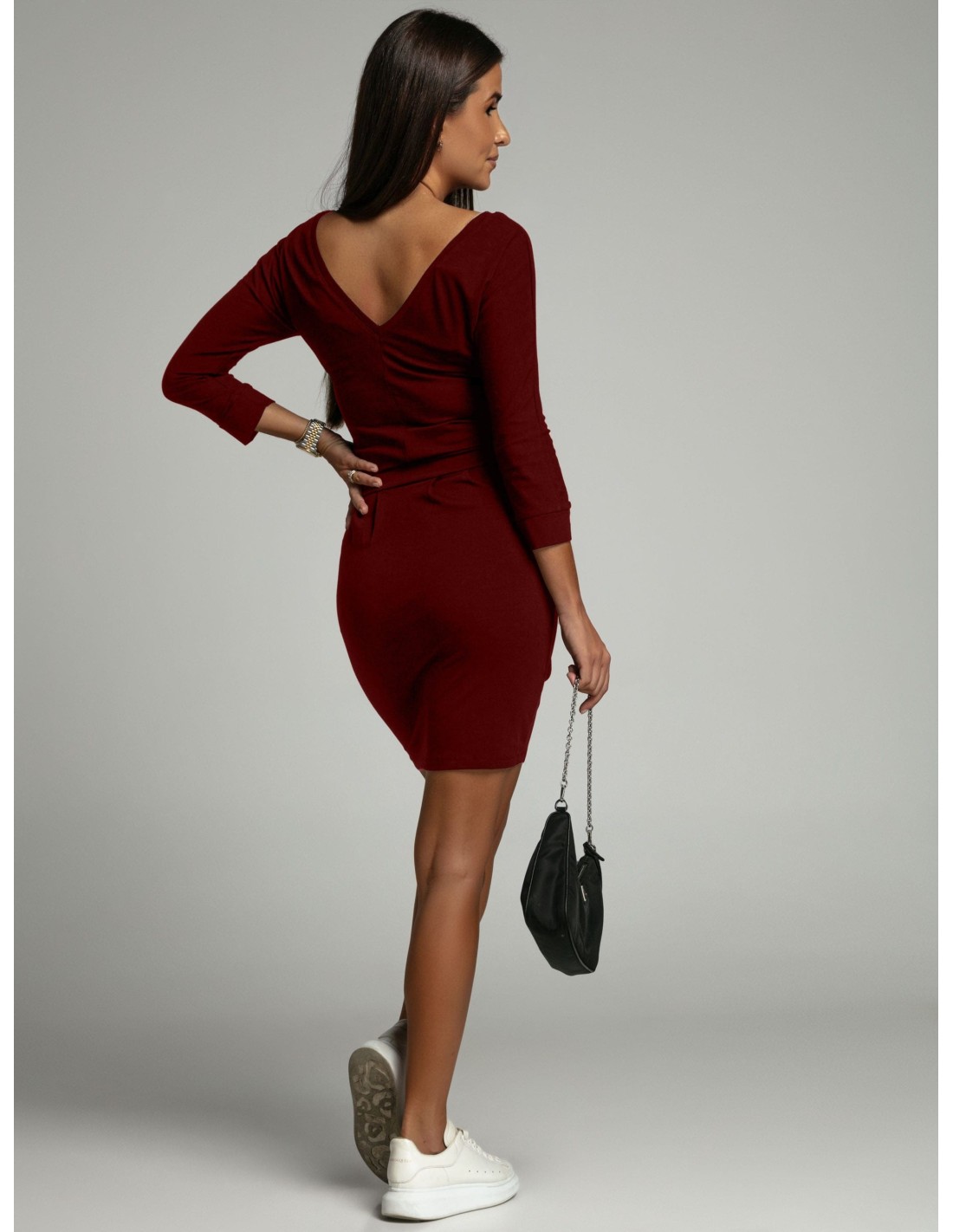 Burgundy Dress Tied at the Waist 9729 - Online store - Boutique